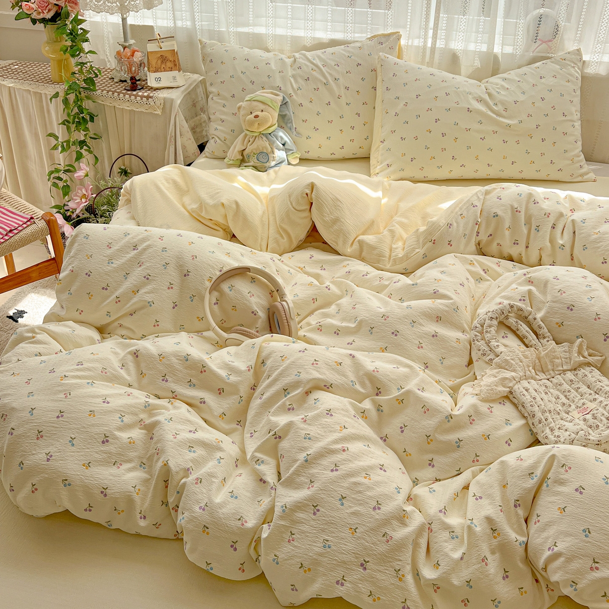 91家纺网 家纺一手货源 找家纺 水木坊 2025新款A云感双层纱四件套-浪漫 浪漫-樱桃布丁