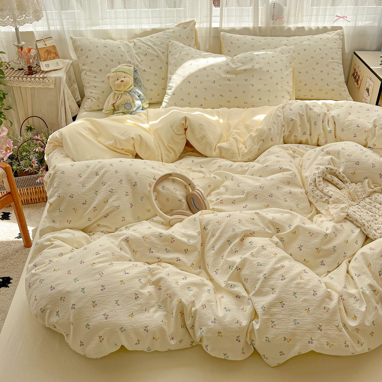 91家纺网 家纺一手货源 找家纺 水木坊 2025新款A云感双层纱四件套-浪漫 浪漫-樱桃布丁