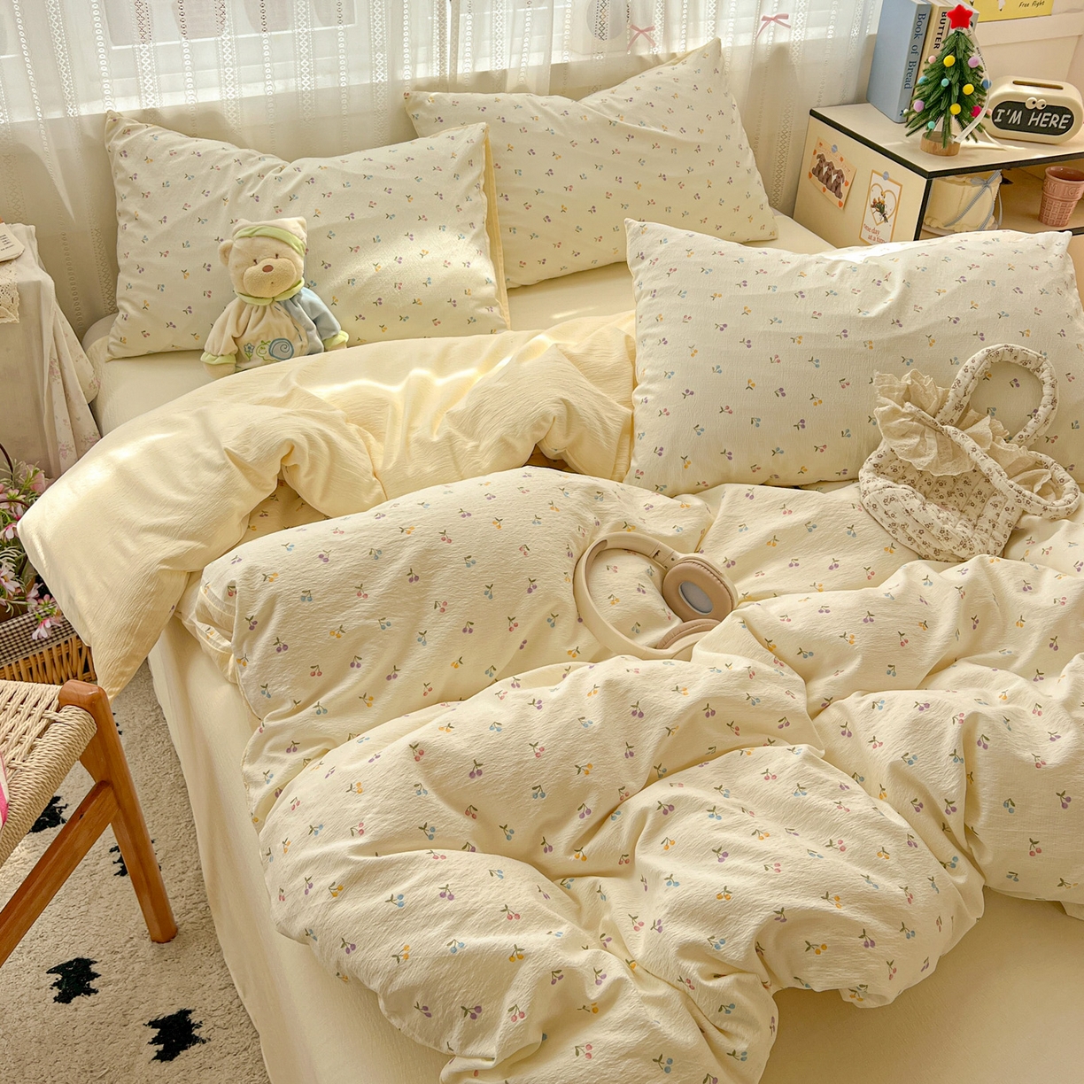 91家纺网 家纺一手货源 找家纺 水木坊 2025新款A云感双层纱四件套-浪漫 浪漫-樱桃布丁