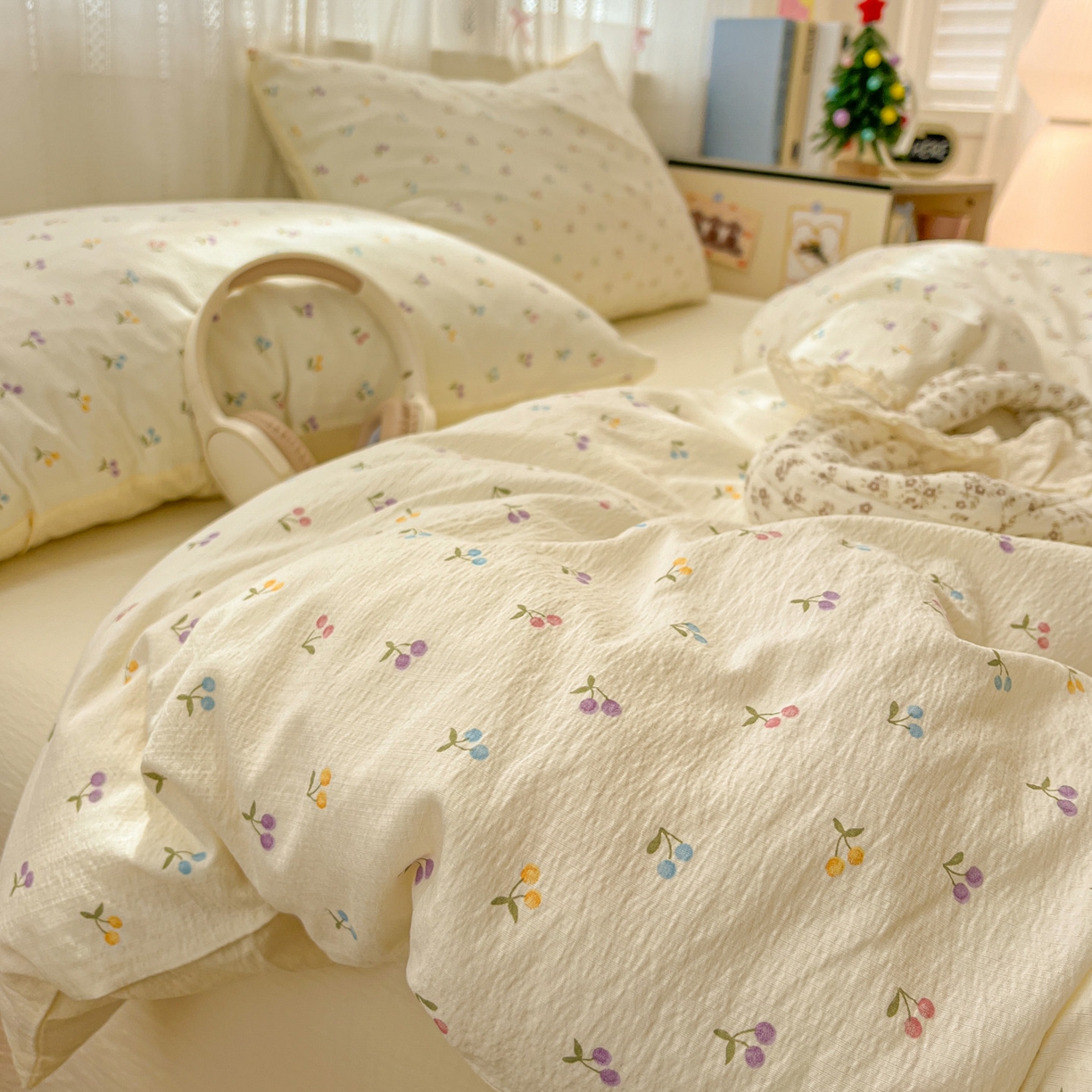 91家纺网 家纺一手货源 找家纺 水木坊 2025新款A云感双层纱四件套-浪漫 浪漫-樱桃布丁