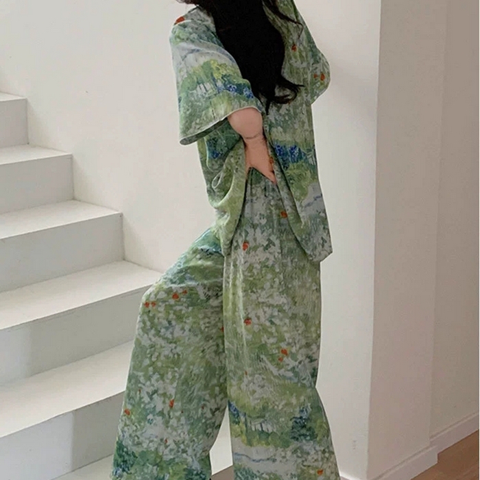 91家纺网 家纺一手货源 找家纺 妍景家居生活馆 2025新款绵绸短袖长裤款 绿意盎然