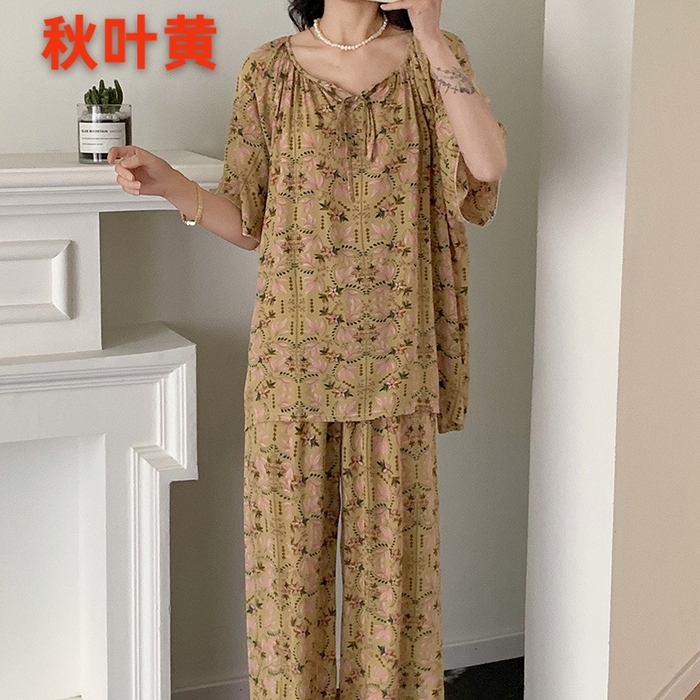 妍景家居生活馆 2025新款绵绸短袖长裤款 秋叶黄