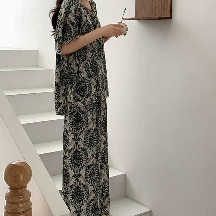 91家纺网 家纺一手货源 找家纺 妍景家居生活馆 2025新款绵绸短袖长裤款 民族风绿