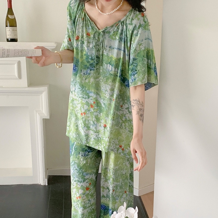 91家纺网 家纺一手货源 找家纺 妍景家居生活馆 2025新款绵绸短袖长裤款 绿意盎然