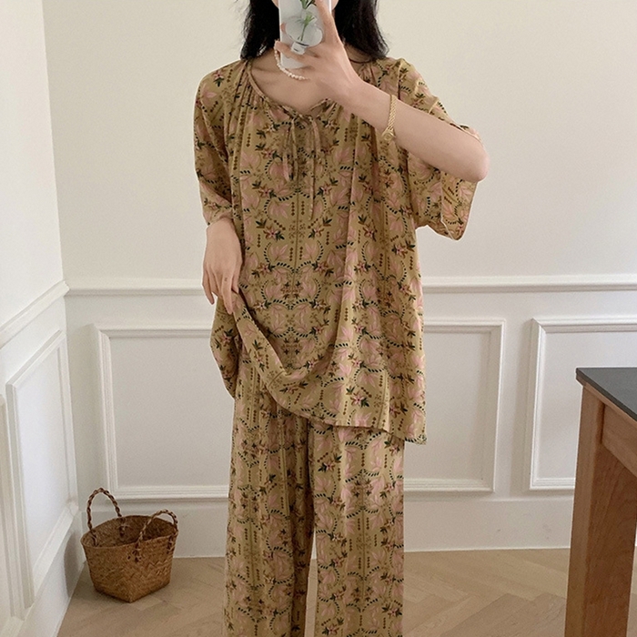 91家纺网 家纺一手货源 找家纺 妍景家居生活馆 2025新款绵绸短袖长裤款 秋叶黄