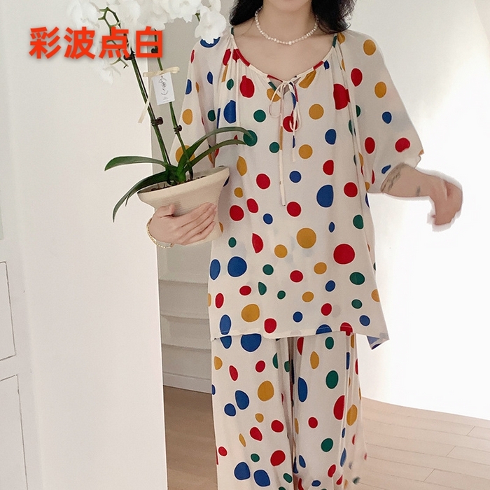 妍景家居生活馆 2025新款绵绸短袖长裤款 彩色波点