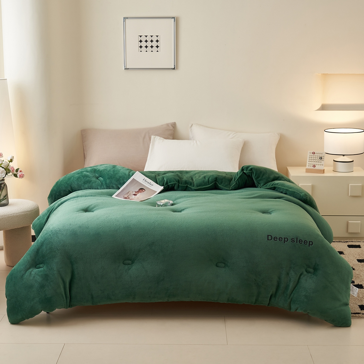 91家纺网 家纺一手货源 找家纺 闲鱼家纺 2025新款某朵同款深睡眠牛奶绒冬被被子被芯 墨绿