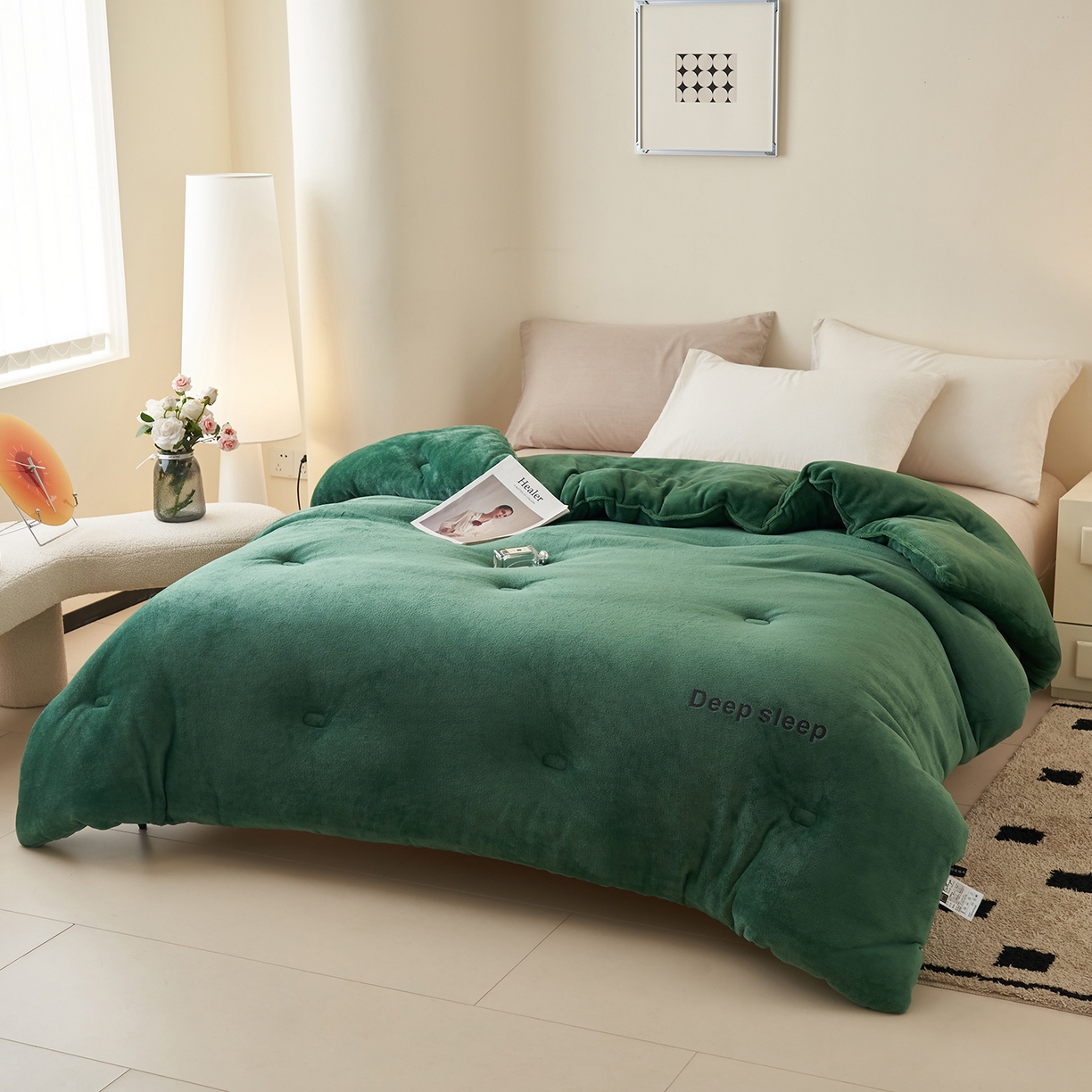 91家纺网 家纺一手货源 找家纺 闲鱼家纺 2025新款某朵同款深睡眠牛奶绒冬被被子被芯 墨绿