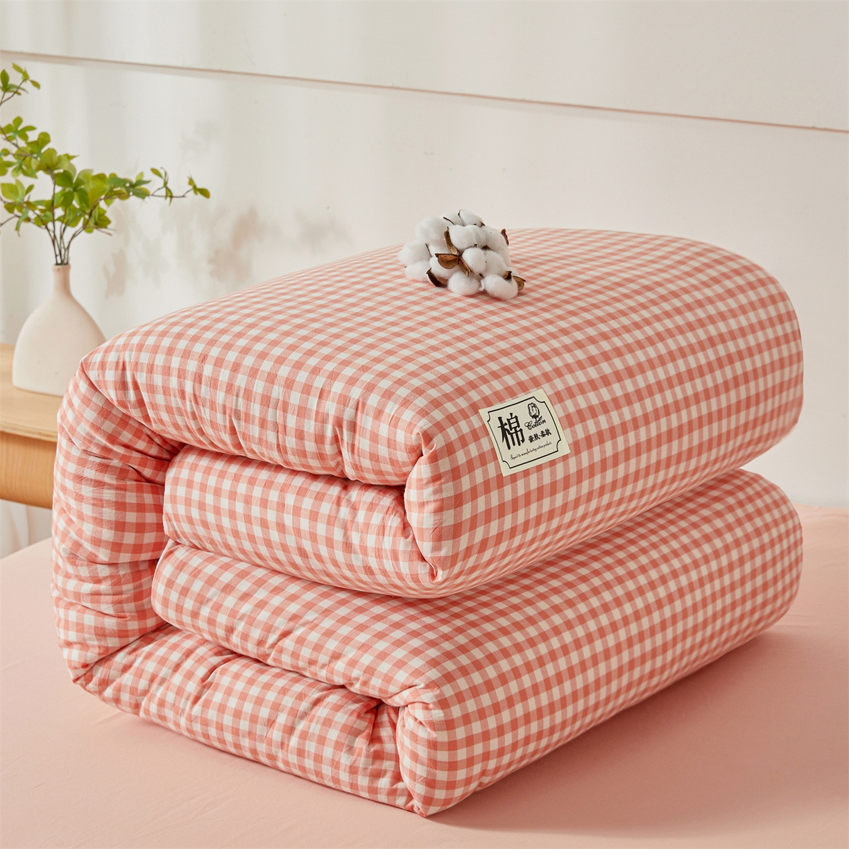 91家纺网 家纺一手货源 找家纺 晓时候 2025新款A类水洗棉可拆洗新疆棉花被冬被春秋被夏被四季被子被芯 粉小格