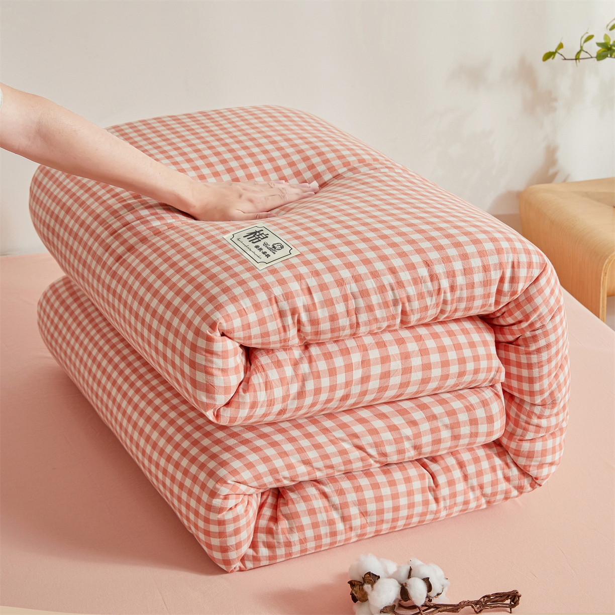 91家纺网 家纺一手货源 找家纺 晓时候 2025新款A类水洗棉可拆洗新疆棉花被冬被春秋被夏被四季被子被芯 粉小格