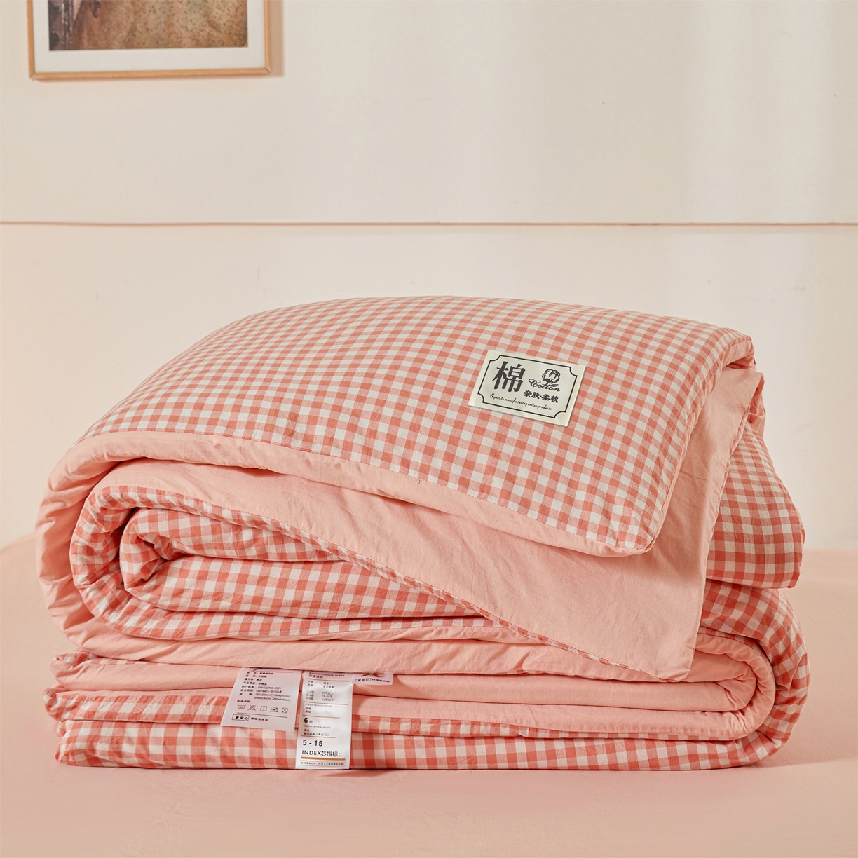 91家纺网 家纺一手货源 找家纺 晓时候 2025新款A类水洗棉可拆洗新疆棉花被冬被春秋被夏被四季被子被芯 粉小格