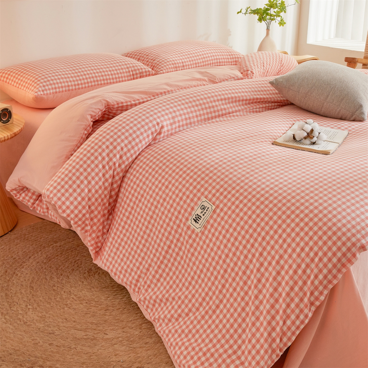 91家纺网 家纺一手货源 找家纺 晓时候 2025新款A类水洗棉可拆洗新疆棉花被冬被春秋被夏被四季被子被芯 粉小格