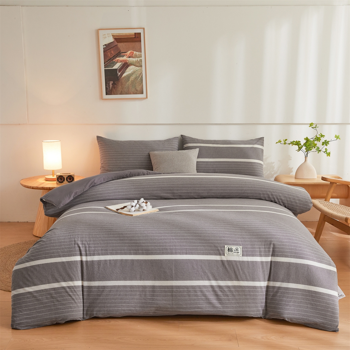 91家纺网 家纺一手货源 找家纺 晓时候 2025新款A类水洗棉可拆洗新疆棉花被冬被春秋被夏被四季被子被芯 灰细条