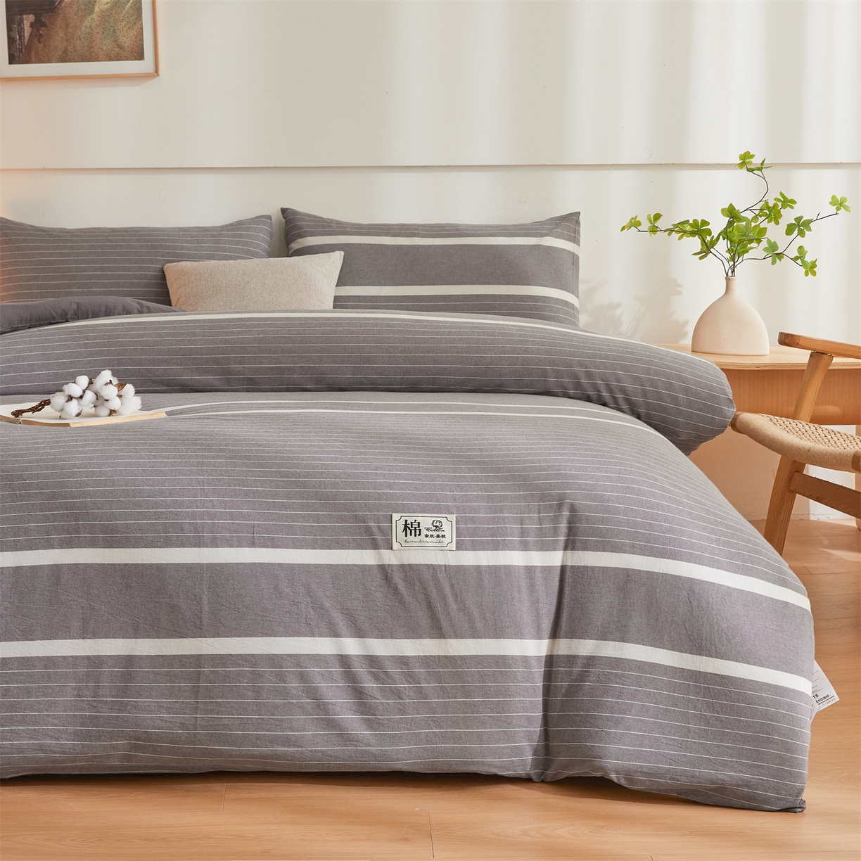 91家纺网 家纺一手货源 找家纺 晓时候 2025新款A类水洗棉可拆洗新疆棉花被冬被春秋被夏被四季被子被芯 灰细条