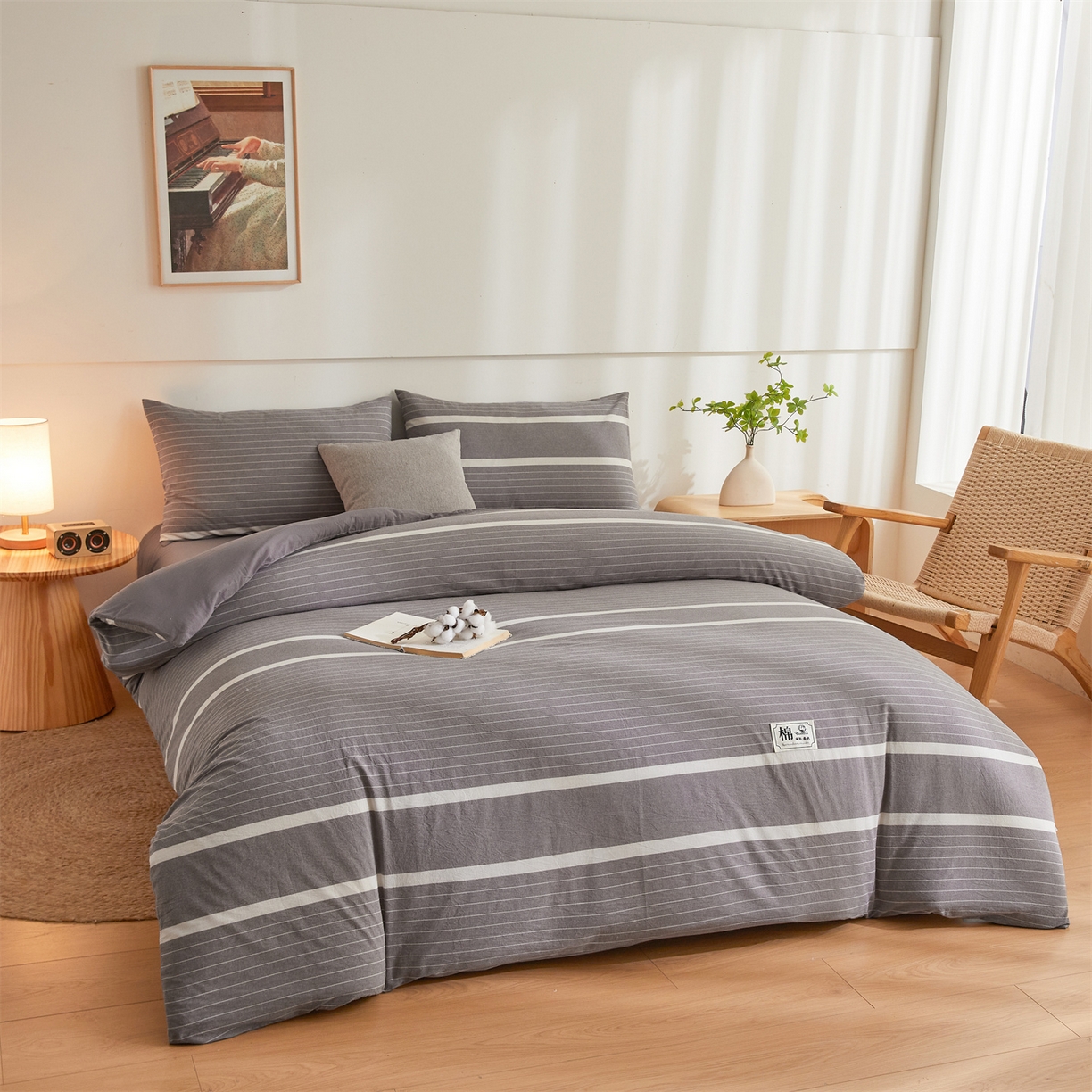 91家纺网 家纺一手货源 找家纺 晓时候 2025新款A类水洗棉可拆洗新疆棉花被冬被春秋被夏被四季被子被芯 灰细条