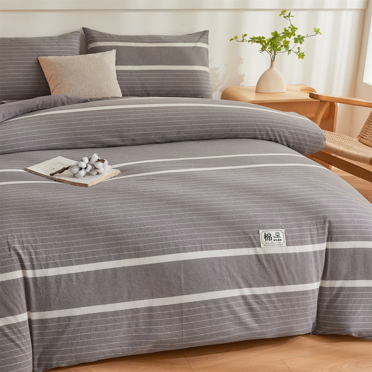 91家纺网 家纺一手货源 找家纺 晓时候 2025新款A类水洗棉可拆洗新疆棉花被冬被春秋被夏被四季被子被芯 灰细条