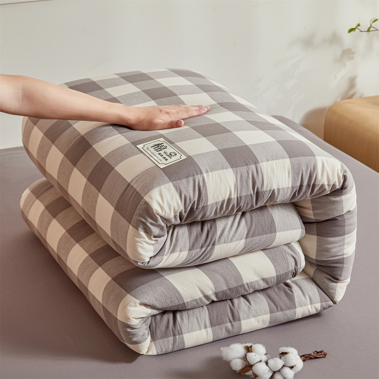 91家纺网 家纺一手货源 找家纺 晓时候 2025新款A类水洗棉可拆洗新疆棉花被冬被春秋被夏被四季被子被芯 灰中格