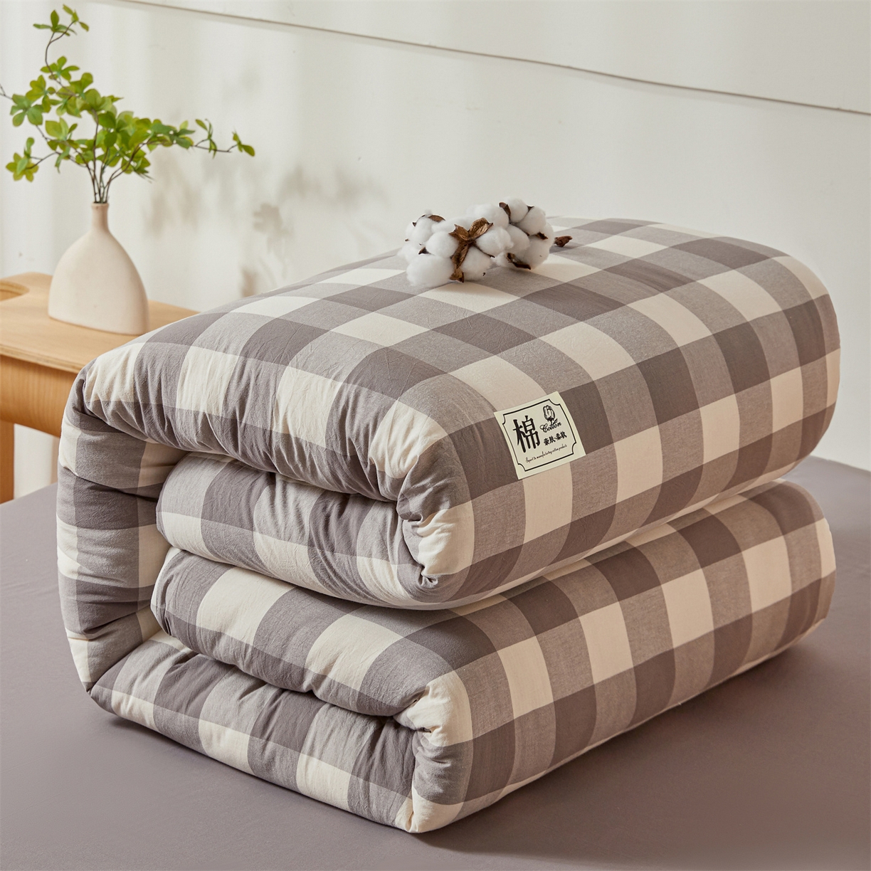 91家纺网 家纺一手货源 找家纺 晓时候 2025新款A类水洗棉可拆洗新疆棉花被冬被春秋被夏被四季被子被芯 灰中格