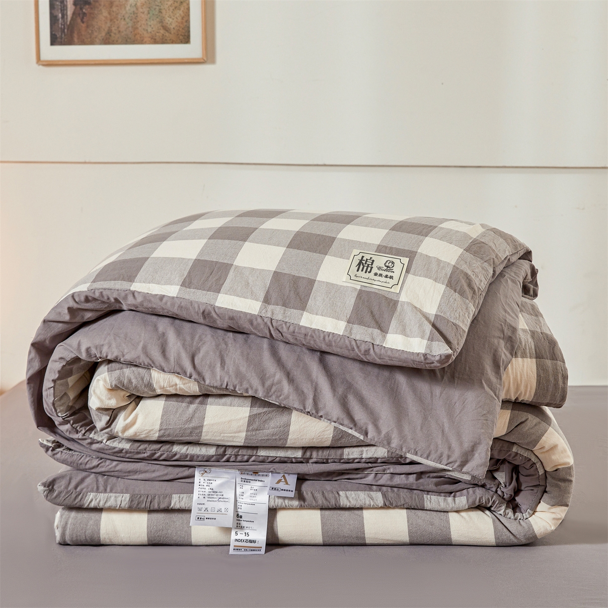 91家纺网 家纺一手货源 找家纺 晓时候 2025新款A类水洗棉可拆洗新疆棉花被冬被春秋被夏被四季被子被芯 灰中格