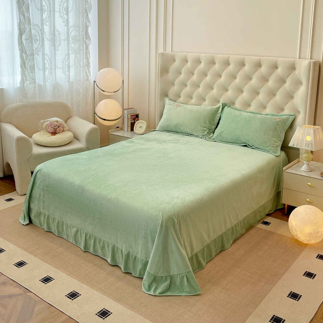 91家纺网 家纺一手货源 找家纺 艺玲家纺 2025新款婴儿绒高端绣花四件套 心动日记-果绿