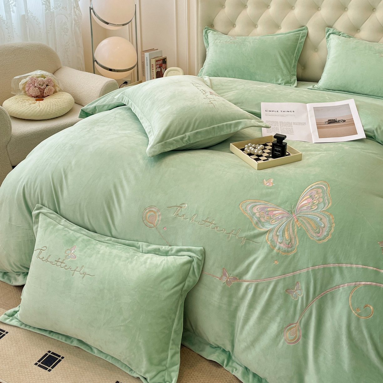 91家纺网 家纺一手货源 找家纺 艺玲家纺 2025新款婴儿绒高端绣花四件套 蝶舞-果绿