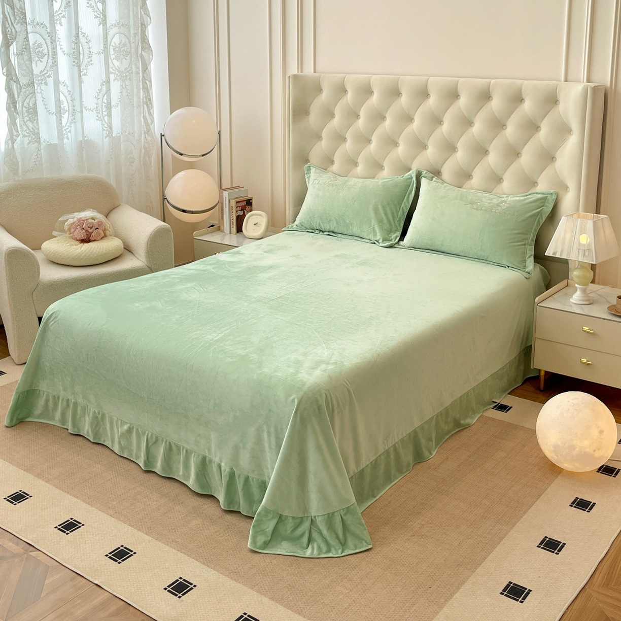 91家纺网 家纺一手货源 找家纺 艺玲家纺 2025新款婴儿绒高端绣花四件套 蝶舞-果绿