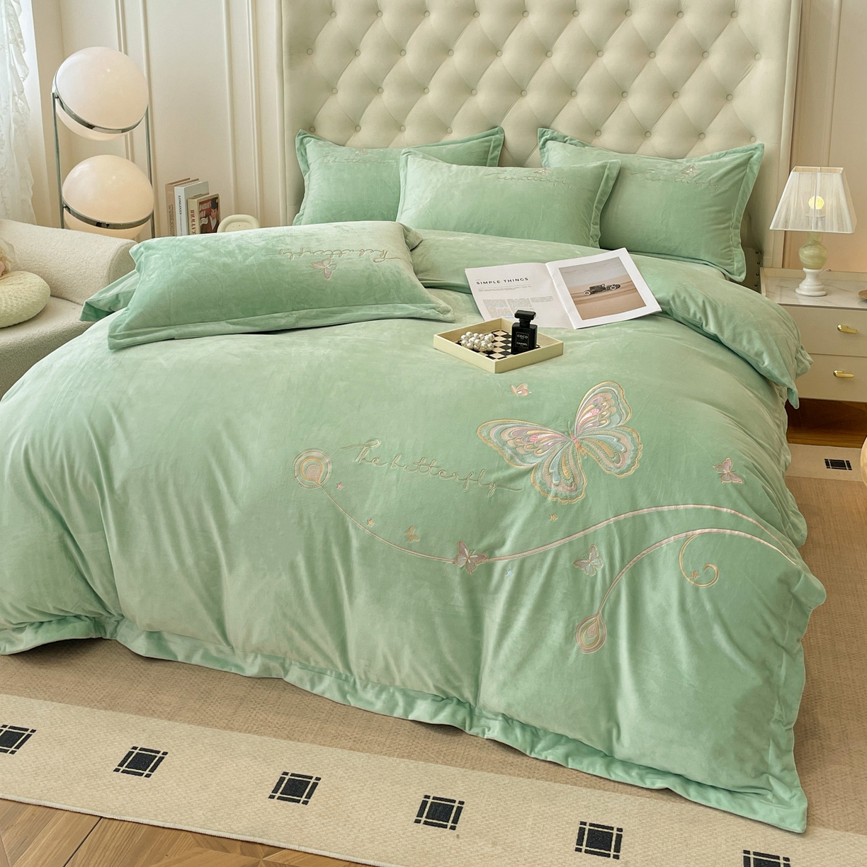 91家纺网 家纺一手货源 找家纺 艺玲家纺 2025新款婴儿绒高端绣花四件套 蝶舞-果绿