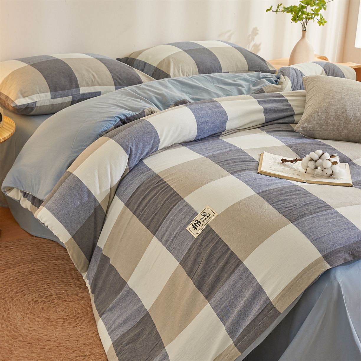 91家纺网 家纺一手货源 找家纺 晓时候 2025新款A类水洗棉可拆洗新疆棉花被冬被春秋被夏被四季被子被芯 蓝大格