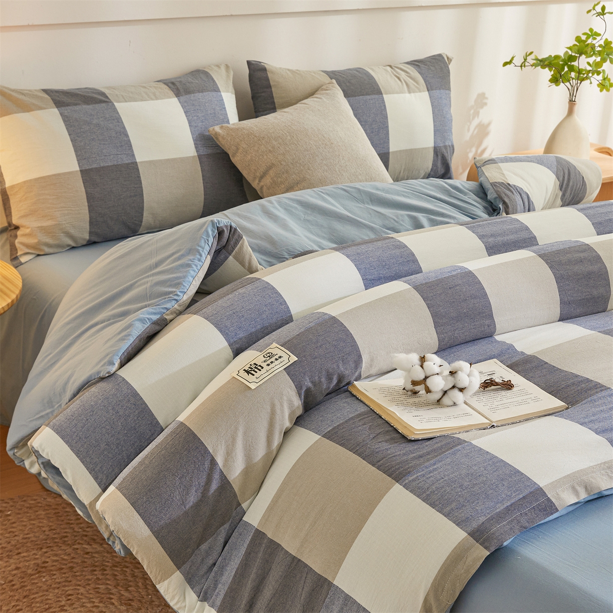 91家纺网 家纺一手货源 找家纺 晓时候 2025新款A类水洗棉可拆洗新疆棉花被冬被春秋被夏被四季被子被芯 蓝大格