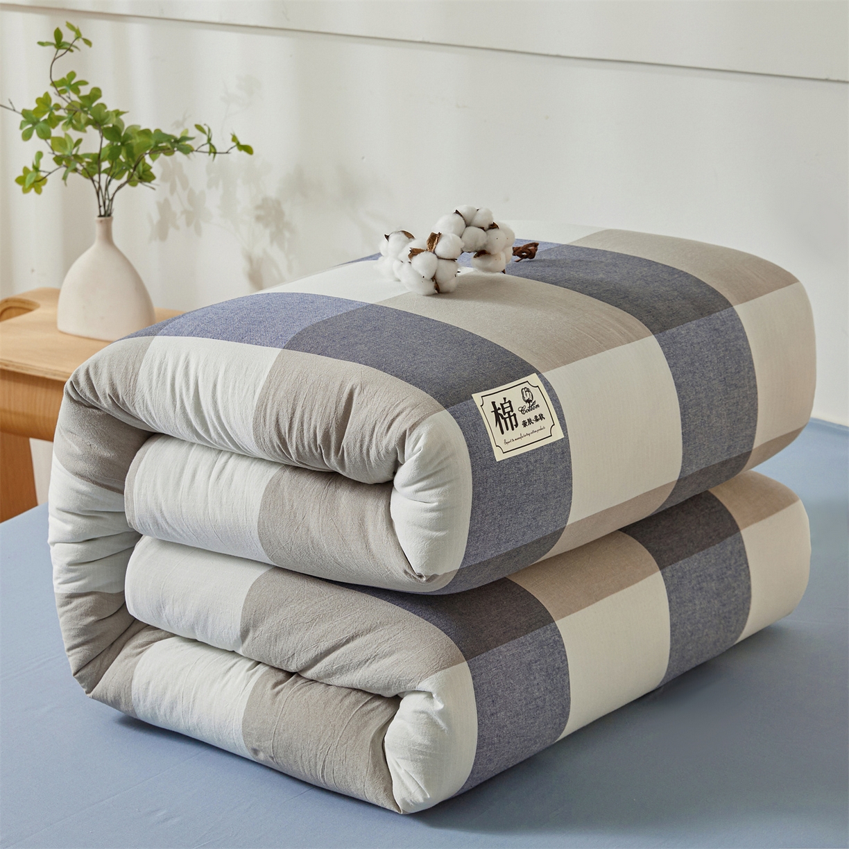 91家纺网 家纺一手货源 找家纺 晓时候 2025新款A类水洗棉可拆洗新疆棉花被冬被春秋被夏被四季被子被芯 蓝大格