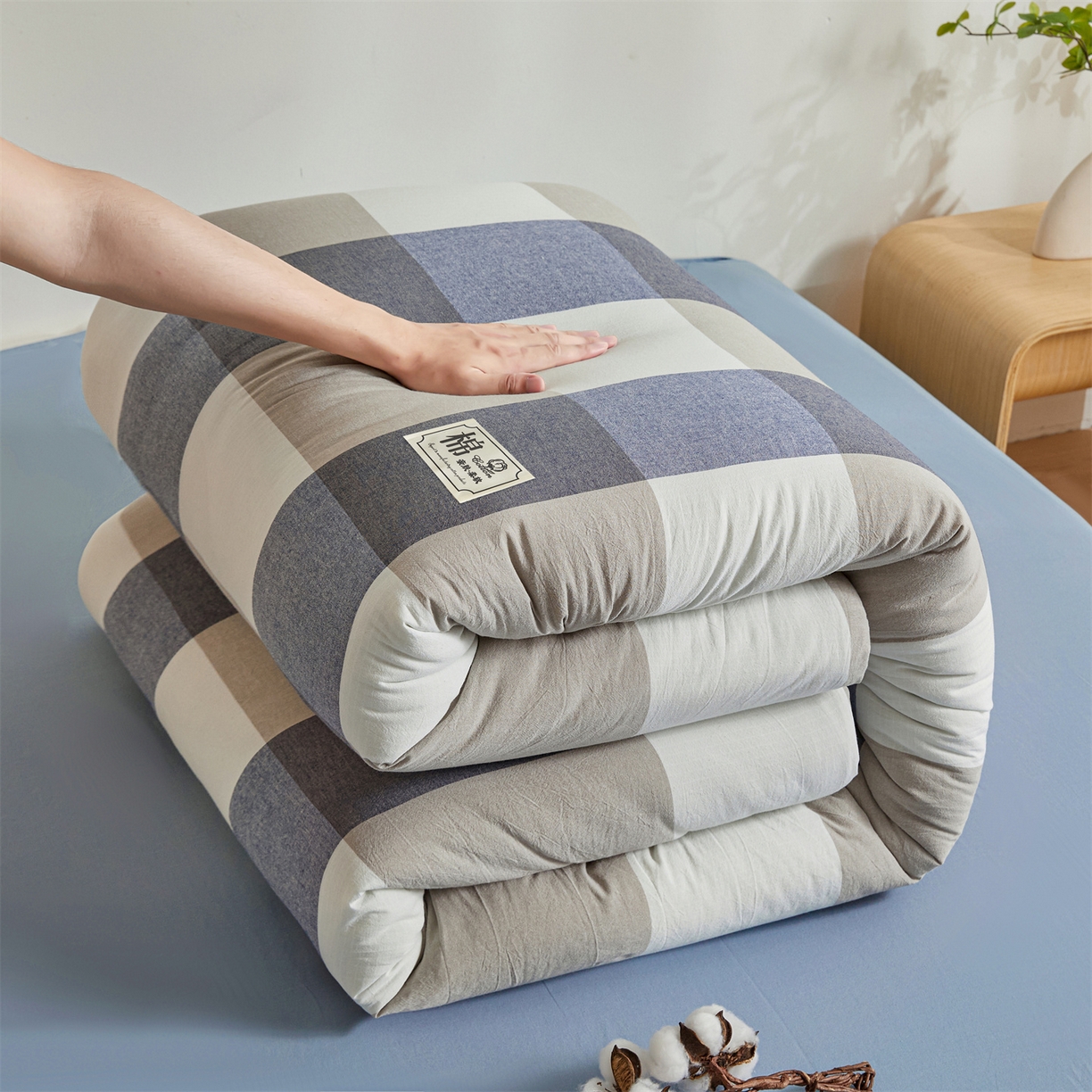 91家纺网 家纺一手货源 找家纺 晓时候 2025新款A类水洗棉可拆洗新疆棉花被冬被春秋被夏被四季被子被芯 蓝大格