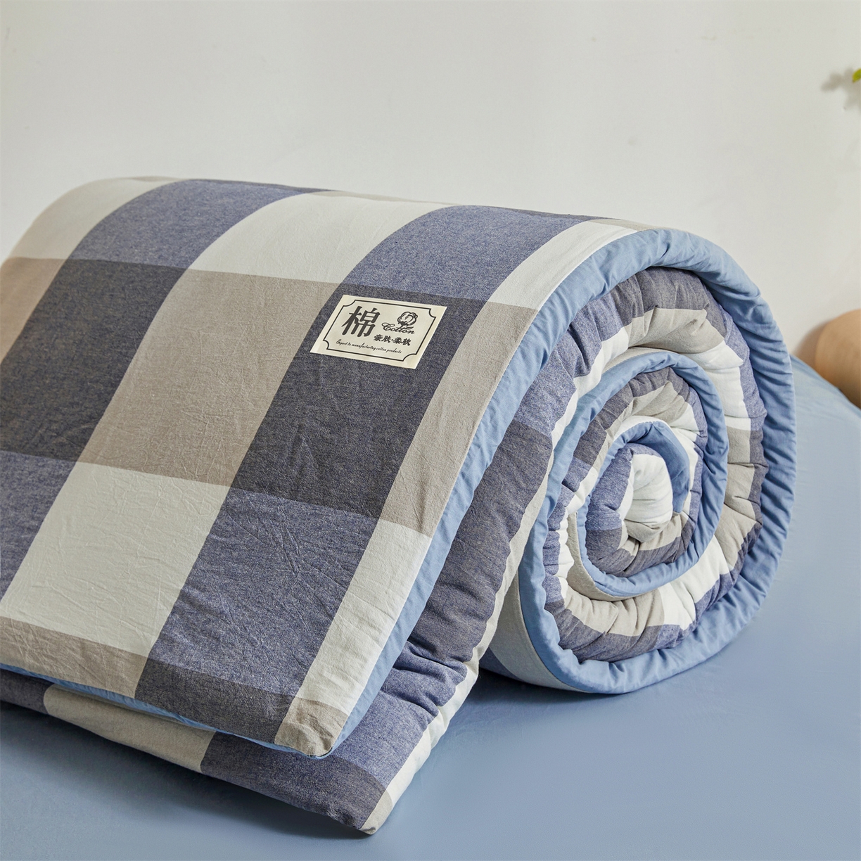 91家纺网 家纺一手货源 找家纺 晓时候 2025新款A类水洗棉可拆洗新疆棉花被冬被春秋被夏被四季被子被芯 蓝大格