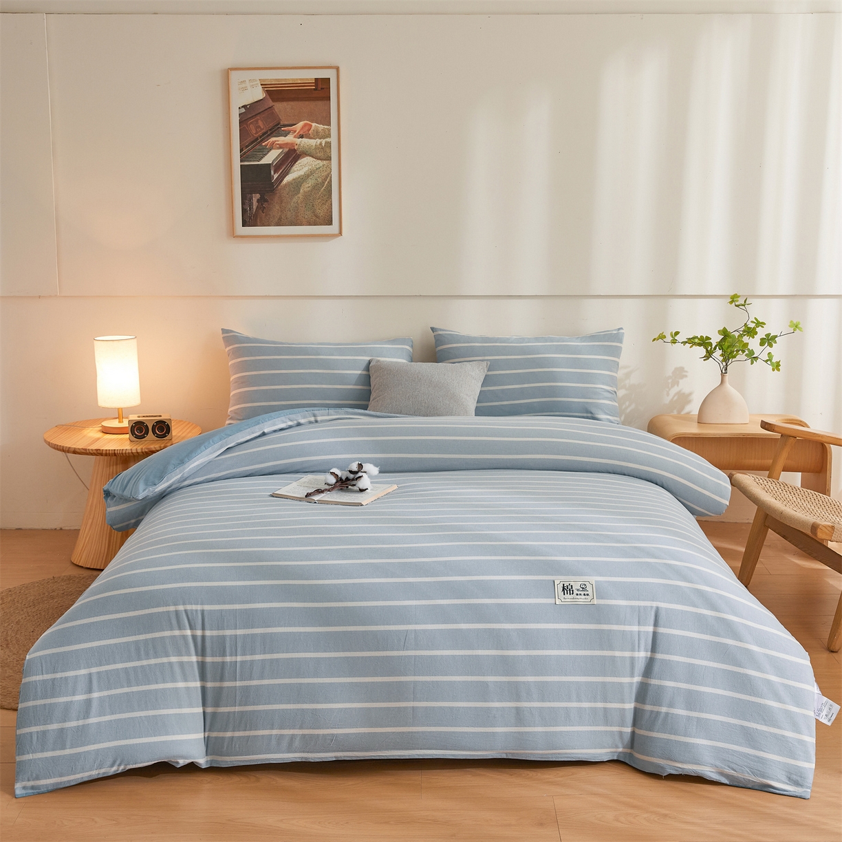 91家纺网 家纺一手货源 找家纺 晓时候 2025新款A类水洗棉可拆洗新疆棉花被冬被春秋被夏被四季被子被芯 蓝条纹