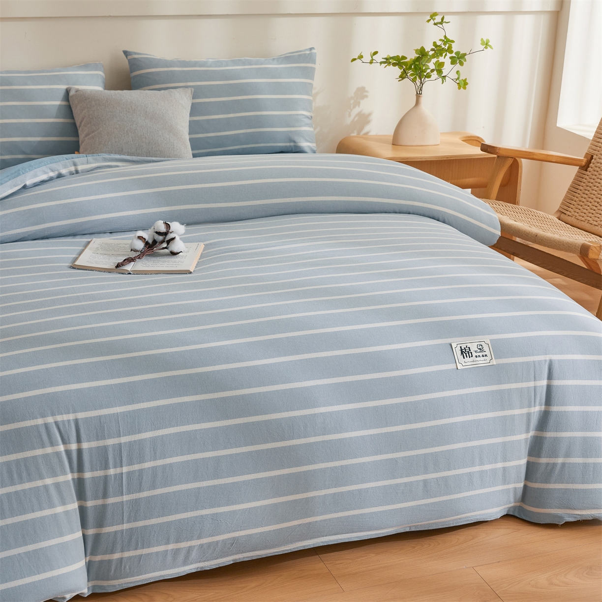 91家纺网 家纺一手货源 找家纺 晓时候 2025新款A类水洗棉可拆洗新疆棉花被冬被春秋被夏被四季被子被芯 蓝条纹