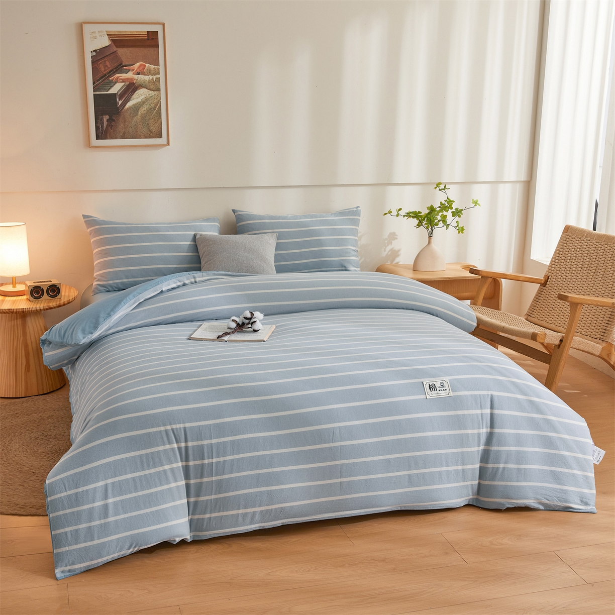 91家纺网 家纺一手货源 找家纺 晓时候 2025新款A类水洗棉可拆洗新疆棉花被冬被春秋被夏被四季被子被芯 蓝条纹
