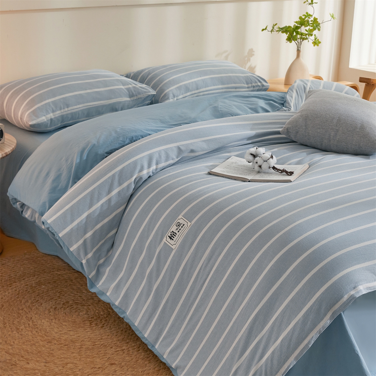 91家纺网 家纺一手货源 找家纺 晓时候 2025新款A类水洗棉可拆洗新疆棉花被冬被春秋被夏被四季被子被芯 蓝条纹