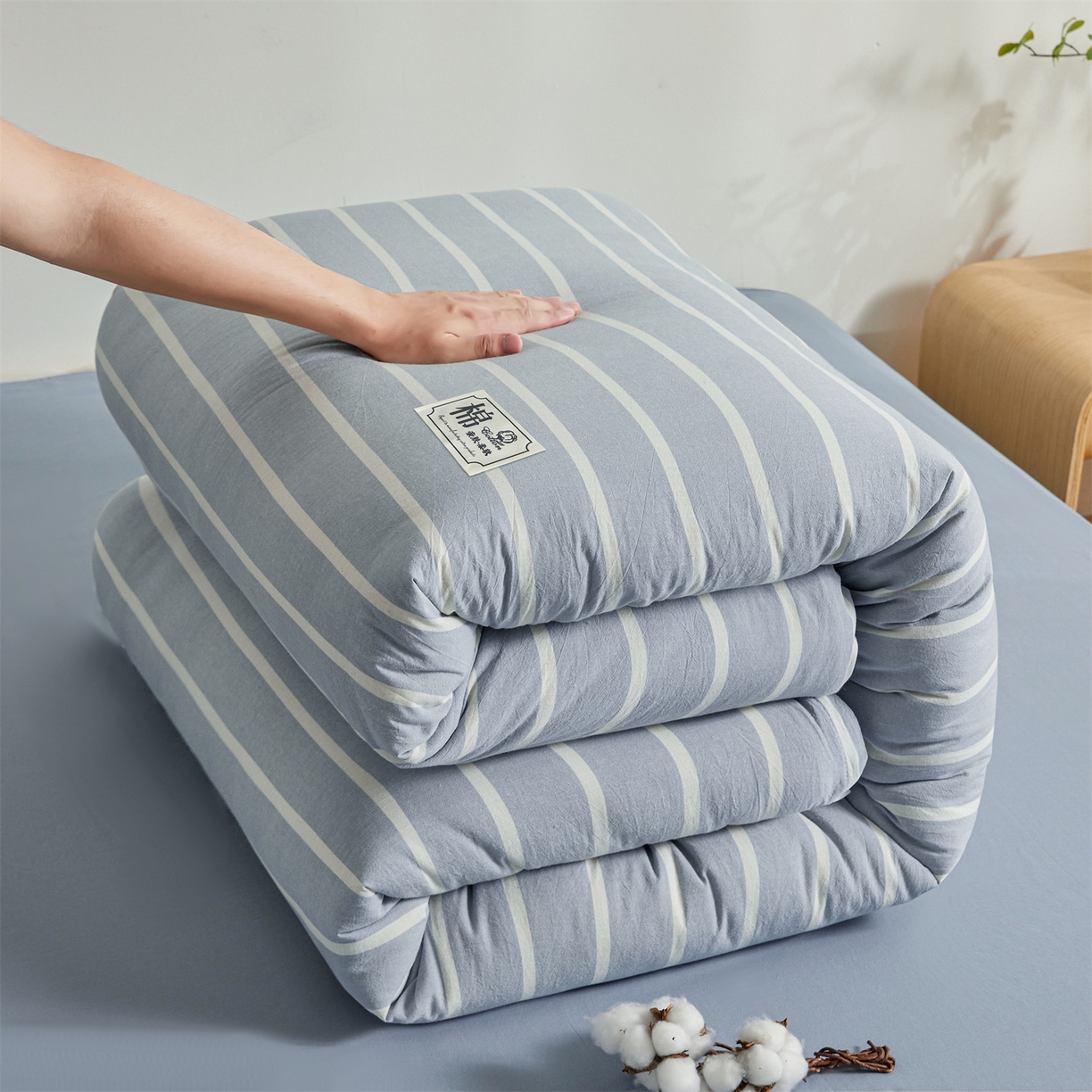 91家纺网 家纺一手货源 找家纺 晓时候 2025新款A类水洗棉可拆洗新疆棉花被冬被春秋被夏被四季被子被芯 蓝条纹