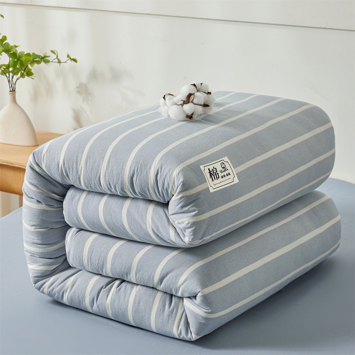91家纺网 家纺一手货源 找家纺 晓时候 2025新款A类水洗棉可拆洗新疆棉花被冬被春秋被夏被四季被子被芯 蓝条纹