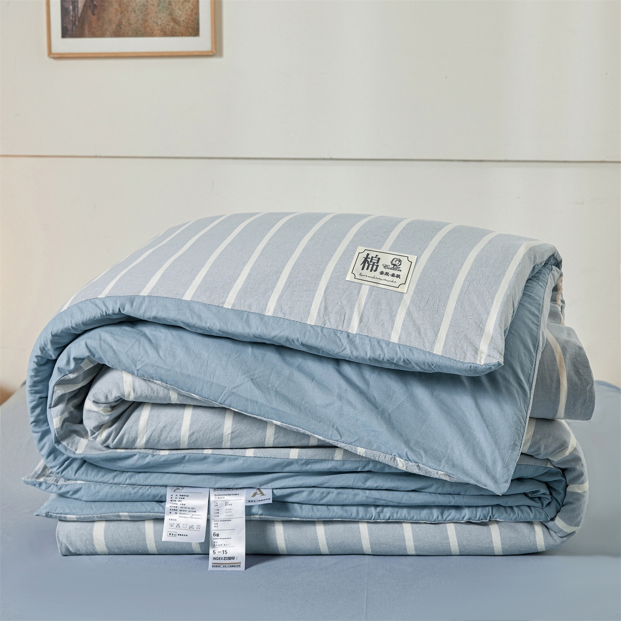 91家纺网 家纺一手货源 找家纺 晓时候 2025新款A类水洗棉可拆洗新疆棉花被冬被春秋被夏被四季被子被芯 蓝条纹