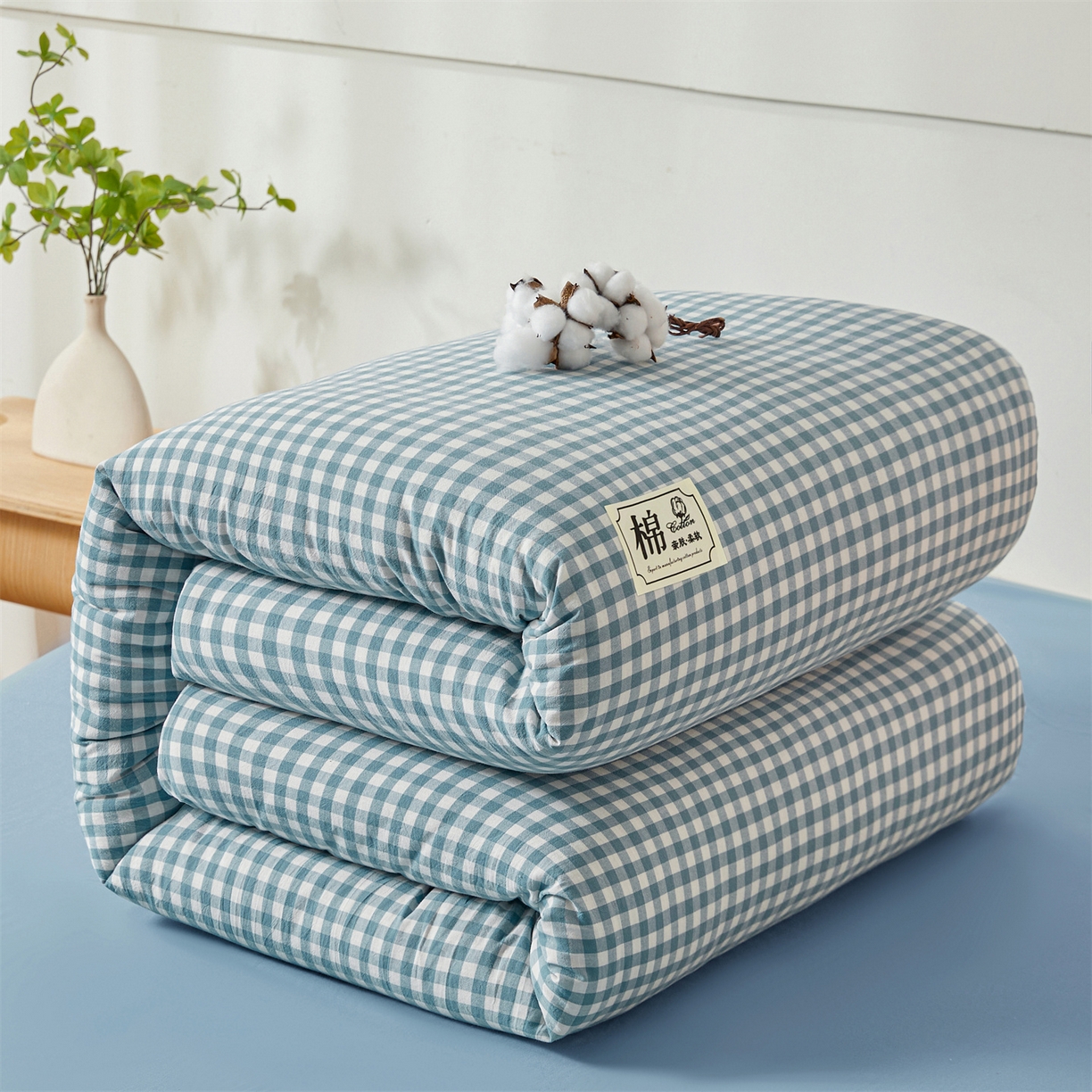 91家纺网 家纺一手货源 找家纺 晓时候 2025新款A类水洗棉可拆洗新疆棉花被冬被春秋被夏被四季被子被芯 蓝小格