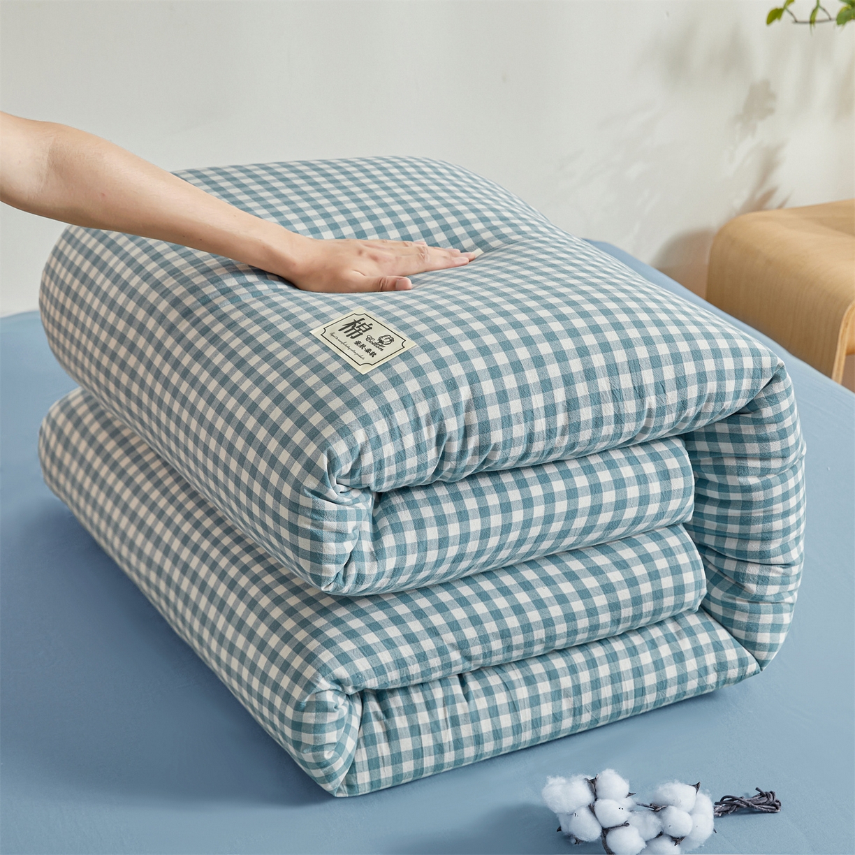 91家纺网 家纺一手货源 找家纺 晓时候 2025新款A类水洗棉可拆洗新疆棉花被冬被春秋被夏被四季被子被芯 蓝小格