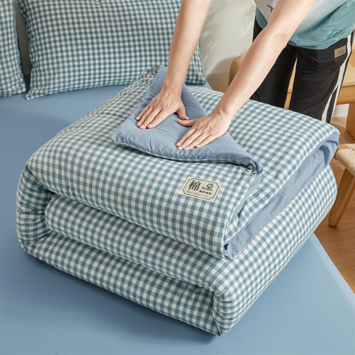 91家纺网 家纺一手货源 找家纺 晓时候 2025新款A类水洗棉可拆洗新疆棉花被冬被春秋被夏被四季被子被芯 蓝小格