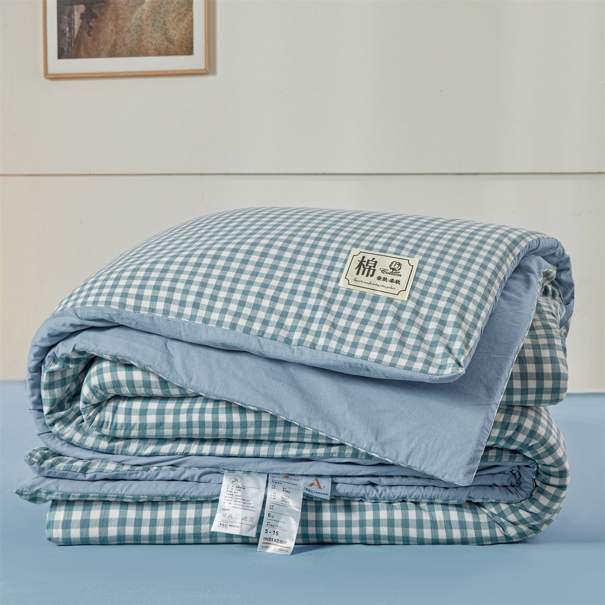 91家纺网 家纺一手货源 找家纺 晓时候 2025新款A类水洗棉可拆洗新疆棉花被冬被春秋被夏被四季被子被芯 蓝小格