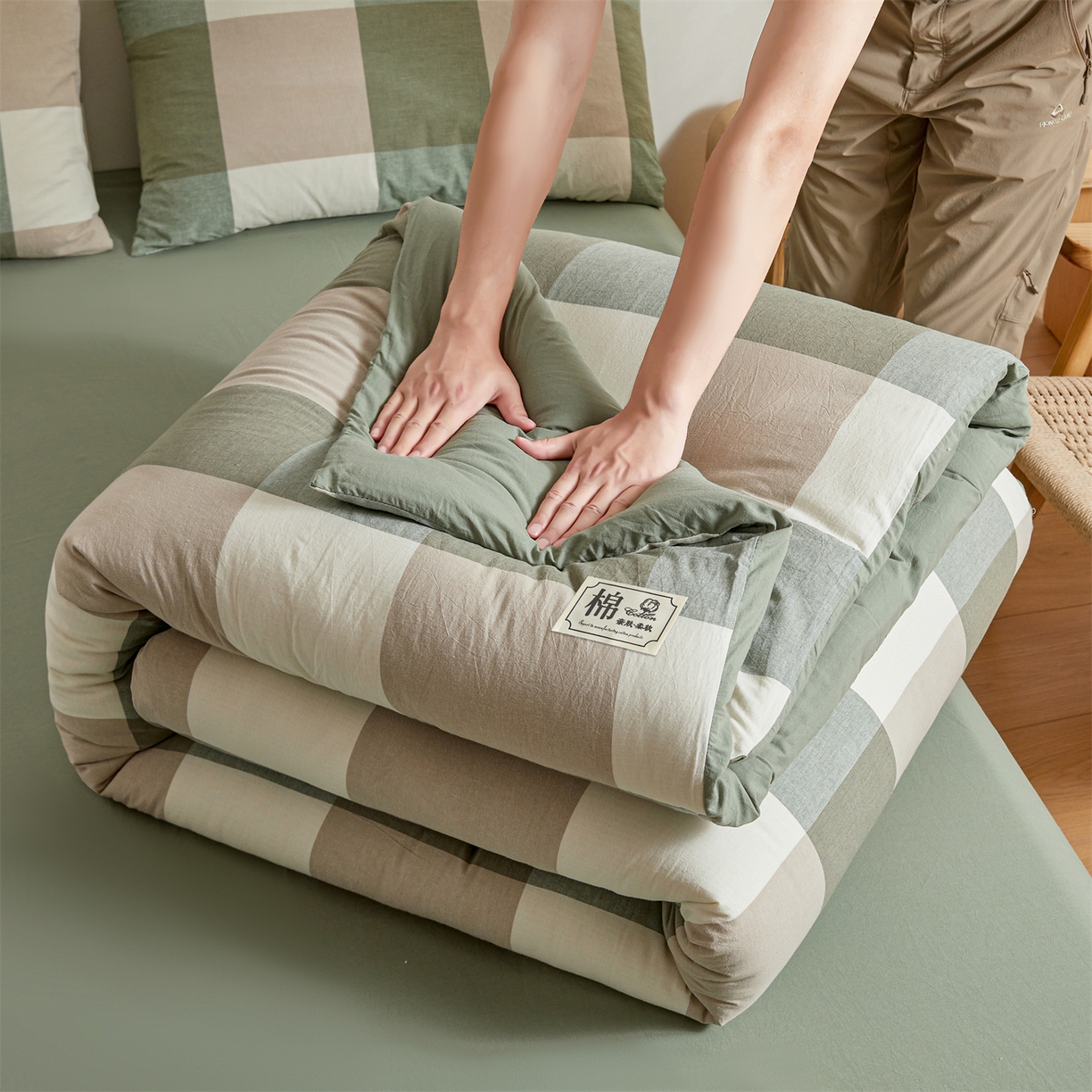 91家纺网 家纺一手货源 找家纺 晓时候 2025新款A类水洗棉可拆洗新疆棉花被冬被春秋被夏被四季被子被芯 绿大格