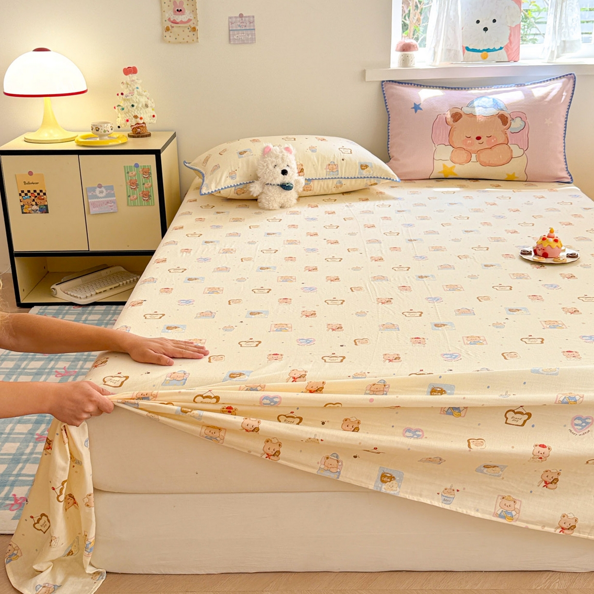 91家纺网 家纺一手货源 找家纺 沐辰 2025新款A类全棉纯棉双层纱单品床单床单单件单床单 晚安熊