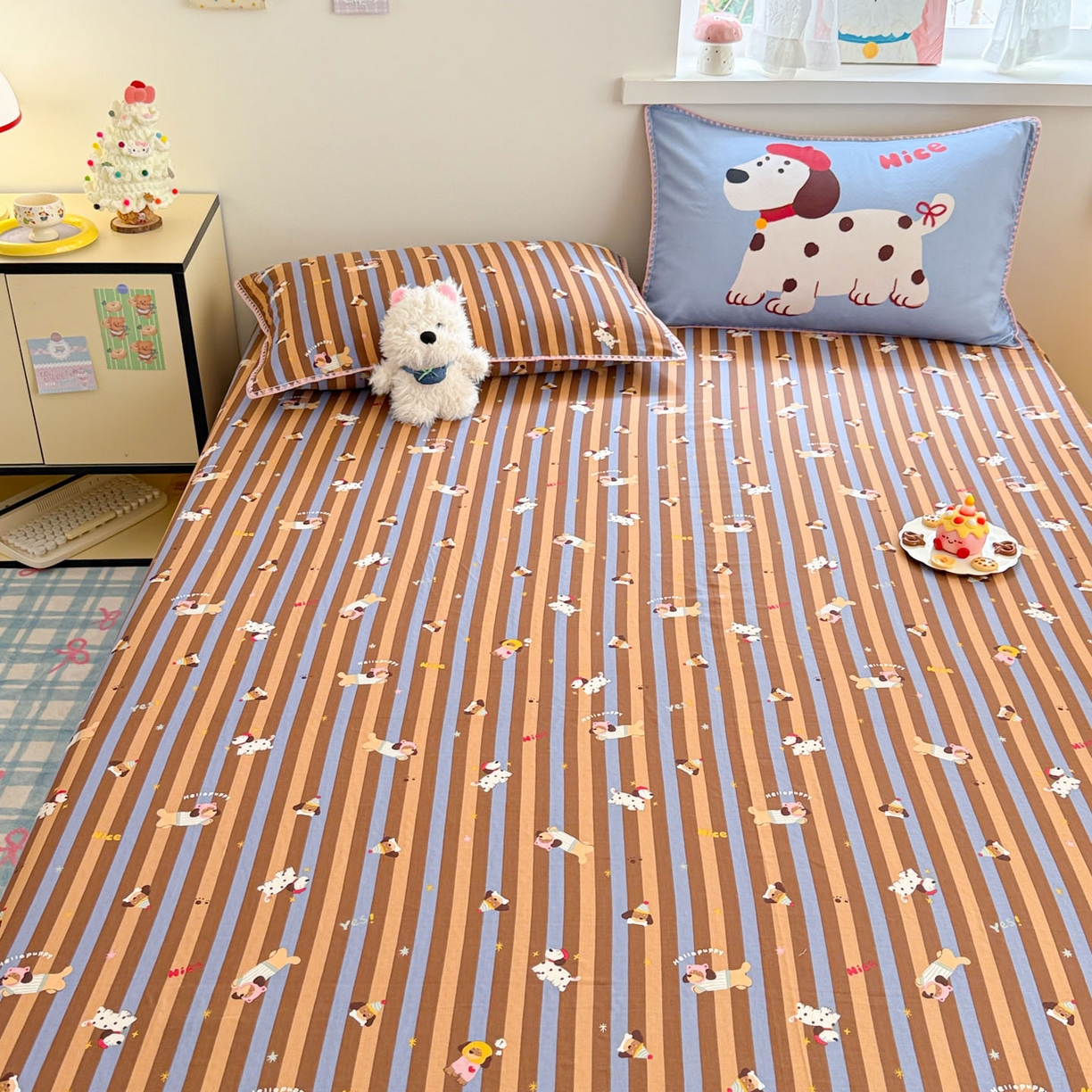 91家纺网 家纺一手货源 找家纺 沐辰 2025新款A类全棉纯棉双层纱单品床单床单单件单床单 斑点狗