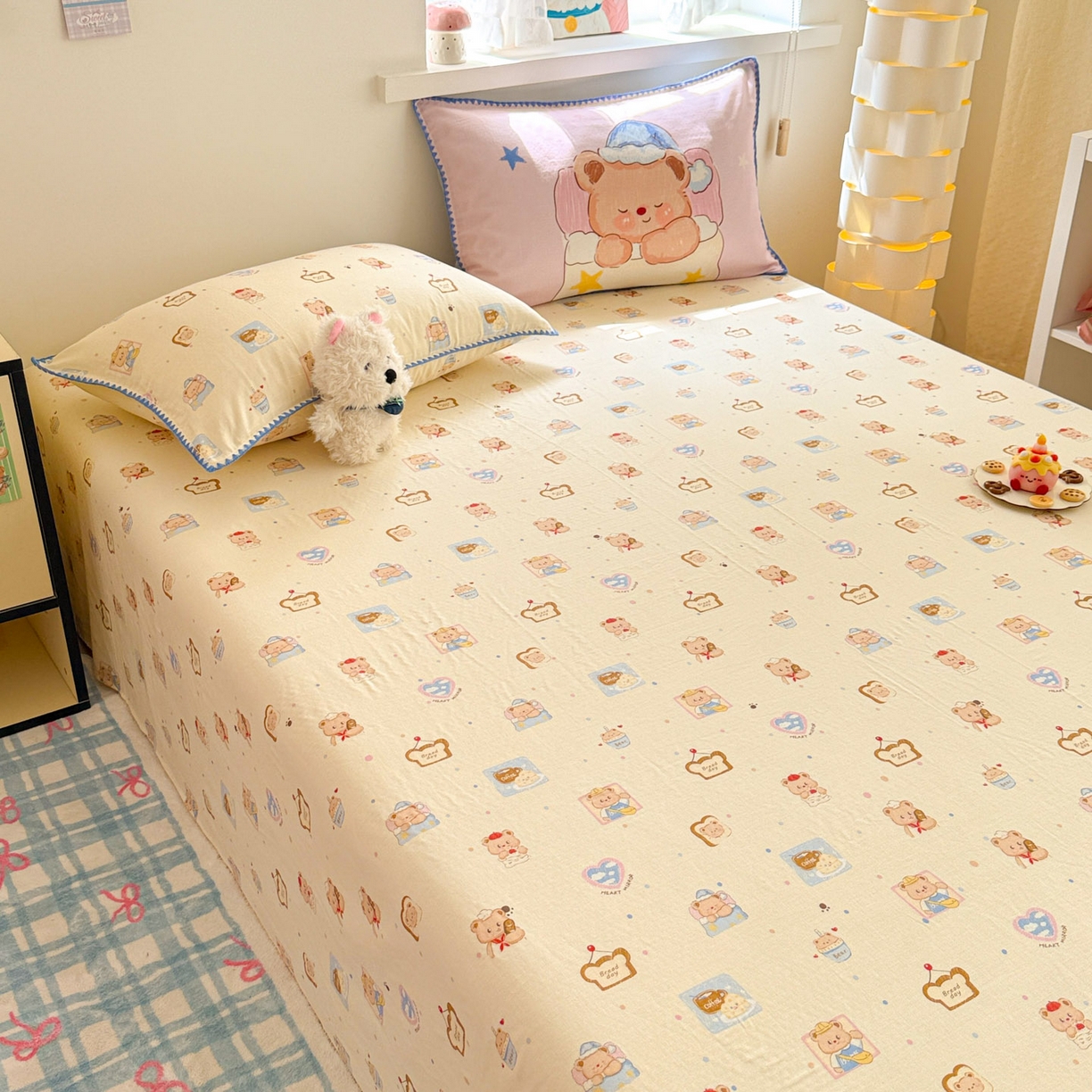 91家纺网 家纺一手货源 找家纺 沐辰 2025新款A类全棉纯棉双层纱单品床单床单单件单床单 晚安熊