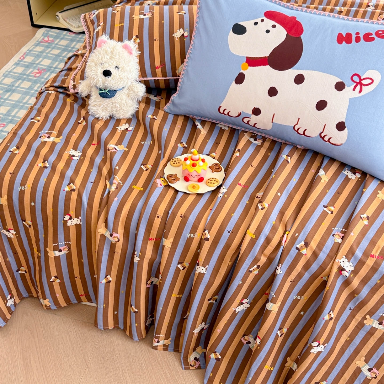 91家纺网 家纺一手货源 找家纺 沐辰 2025新款A类全棉纯棉双层纱单品床单床单单件单床单 斑点狗