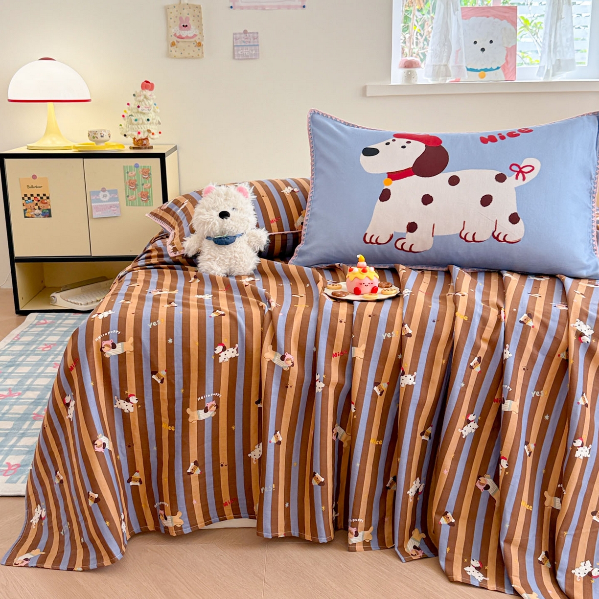 91家纺网 家纺一手货源 找家纺 沐辰 2025新款A类全棉纯棉双层纱单品床单床单单件单床单 斑点狗