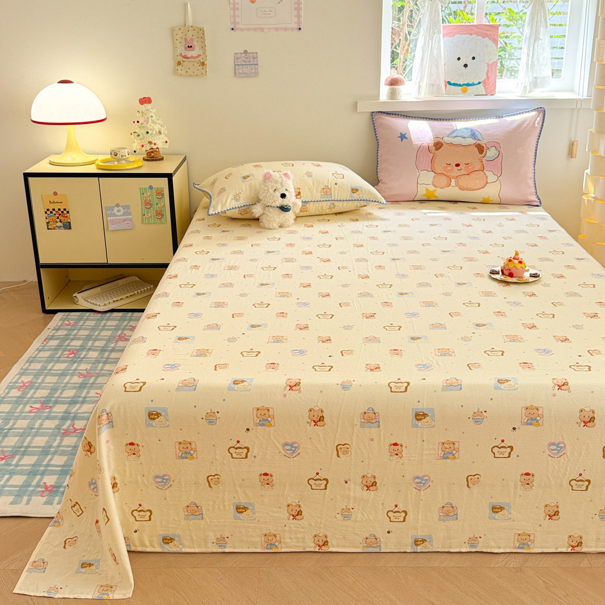 91家纺网 家纺一手货源 找家纺 沐辰 2025新款A类全棉纯棉双层纱单品床单床单单件单床单 晚安熊